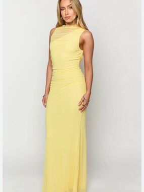 Commense Lemon Yellow Maxi Dress with Sheer Yoke